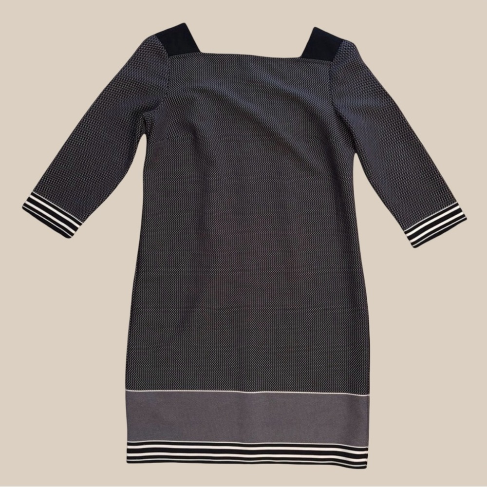 Ann Taylor Square Neck Shift Dress Black Beige Geometric Striped Trim Mod SZ 6